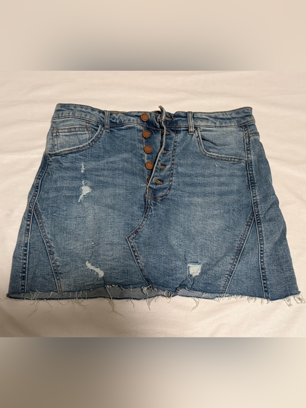 Black Label Blue Distressed Button-Front Denim Skirt